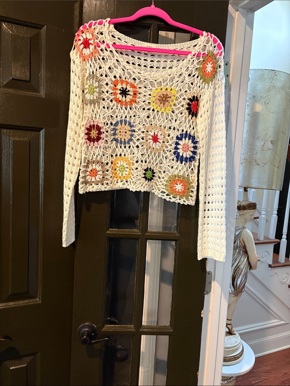 NWOT DEBUT White Crochet Scoop-Neck Sweater with Multicolor Floral Motifs